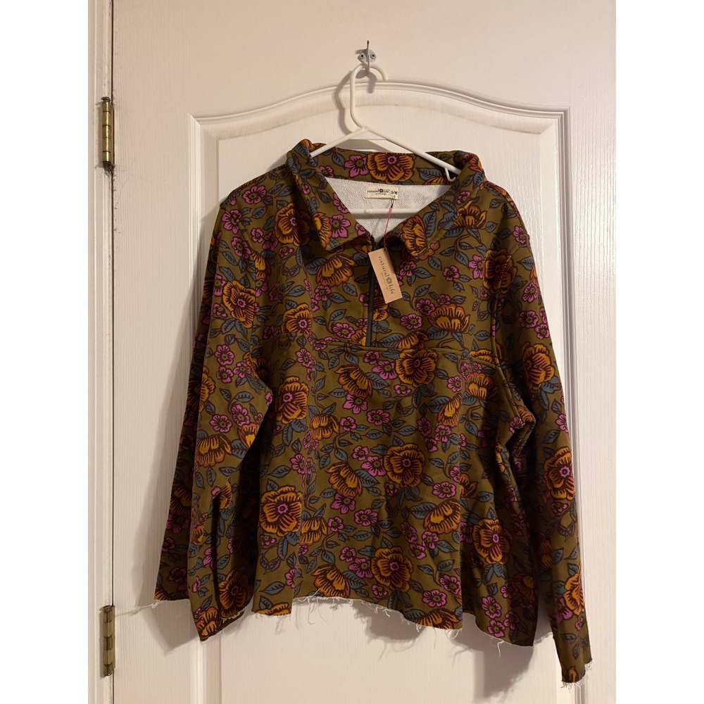Natural Life Pullover Women S/M Brown Floral NEW Quarter Zip Raw Hem SWTR001028